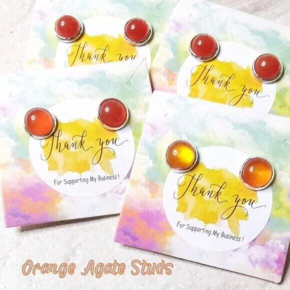 Minimalist Orange Agate Studs in Silver Bezel Cup! Business Casual Color Pop - Picture 5 of 5